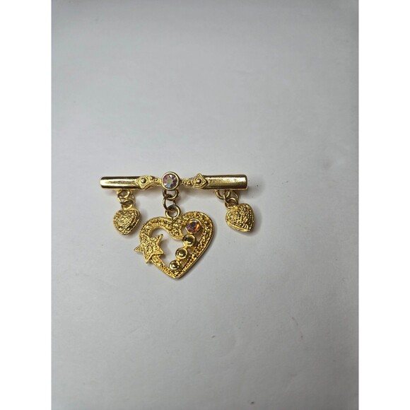 Vintage Inspired Heart Brooch Three Hearts Rhinestones - Picture 3 of 7